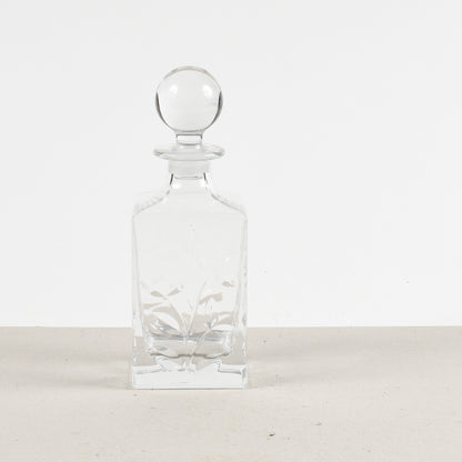bottiglia da wisky con decoro di foglie a ramo in vetro