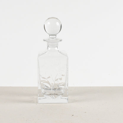 bottiglia da wisky con decoro di foglie a ramo in vetro