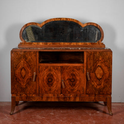 Credenza art déco con specchiera piano in marmo nero venato