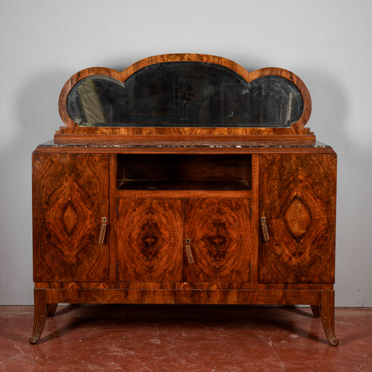 Credenza art déco con specchiera piano in marmo nero venato