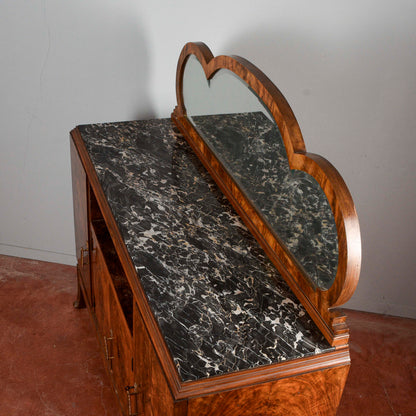 Credenza art déco con specchiera piano in marmo nero venato