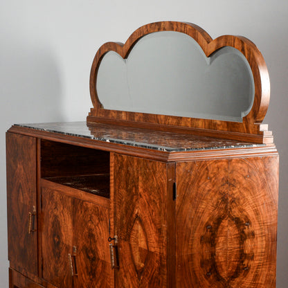 Credenza art déco con specchiera piano in marmo nero venato