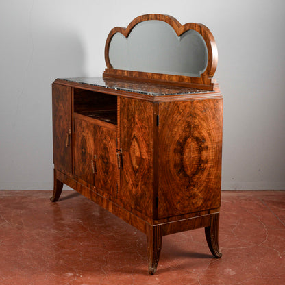 Credenza art déco con specchiera piano in marmo nero venato