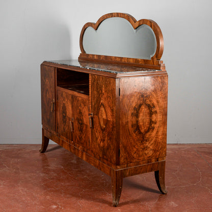 Credenza art déco con specchiera piano in marmo nero venato