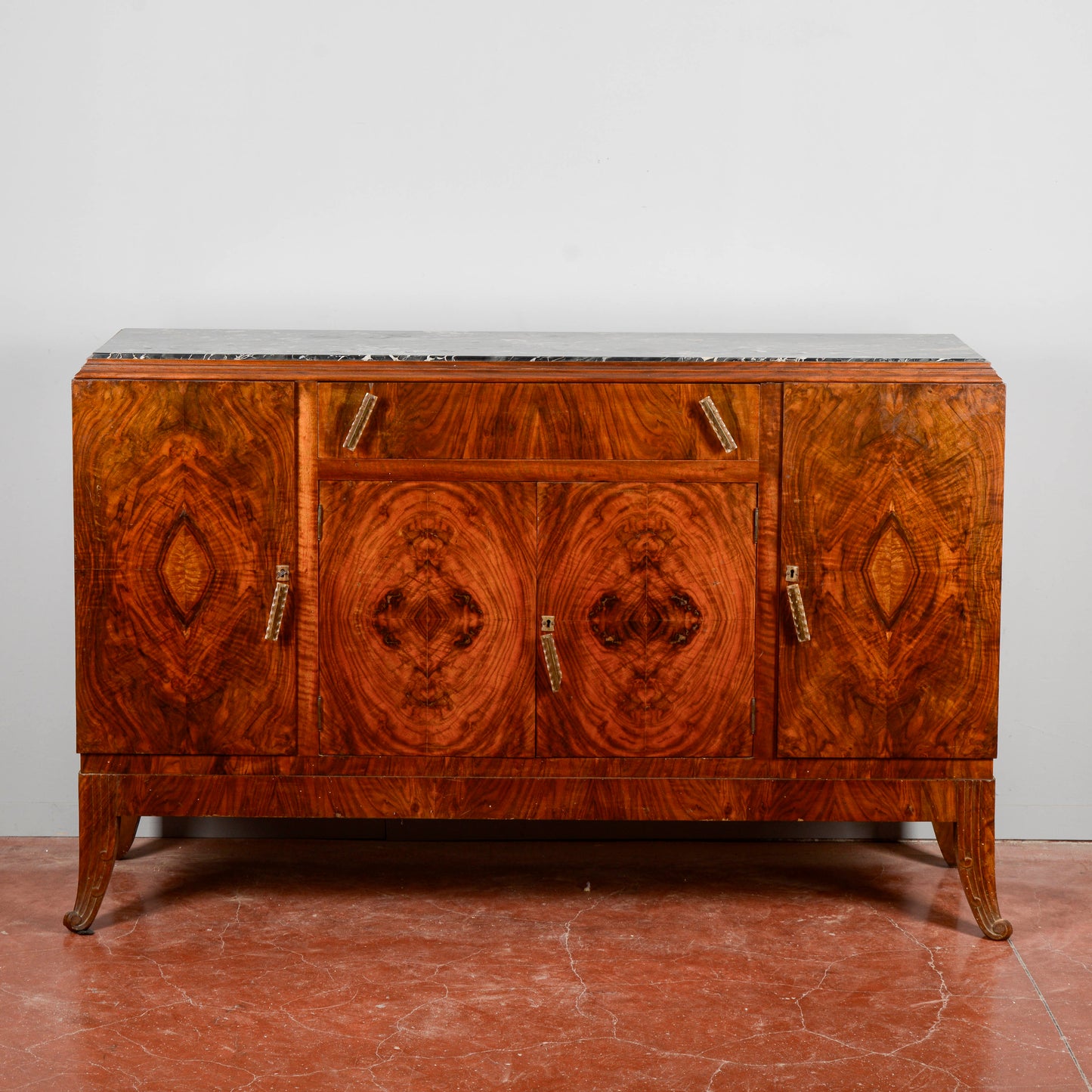 Credenza Art Deco In Radica Di Noce Piano Di Marmo Nero