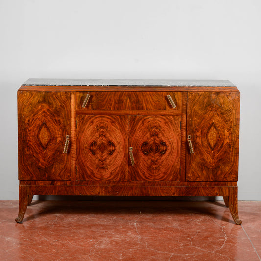 Credenza Art Deco In Radica Di Noce Piano Di Marmo Nero