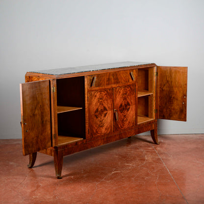 Credenza Art Deco In Radica Di Noce Piano Di Marmo Nero