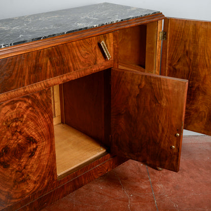 Credenza Art Deco In Radica Di Noce Piano Di Marmo Nero