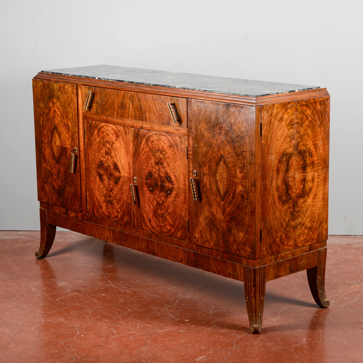 Credenza Art Deco In Radica Di Noce Piano Di Marmo Nero