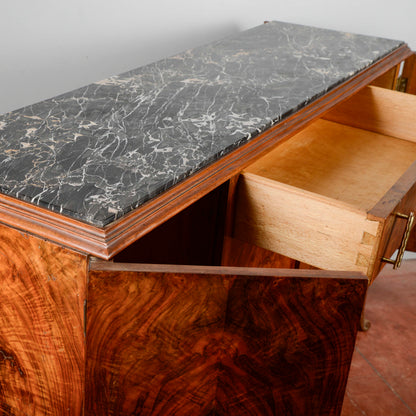 Credenza Art Deco In Radica Di Noce Piano Di Marmo Nero