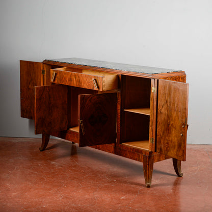 Credenza Art Deco In Radica Di Noce Piano Di Marmo Nero