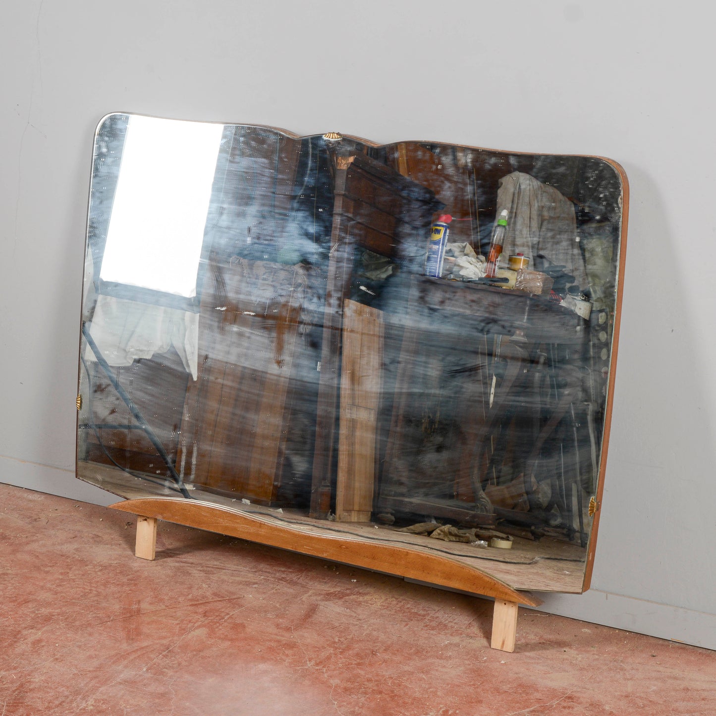 Specchiera Sagomata Grande Con Base In Legno Mid-Century