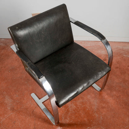 Sedia Mies Van Der Rohe Flat Bar Brno Degli Anni '60 In Acciaio Inox Lucido Con Pelle