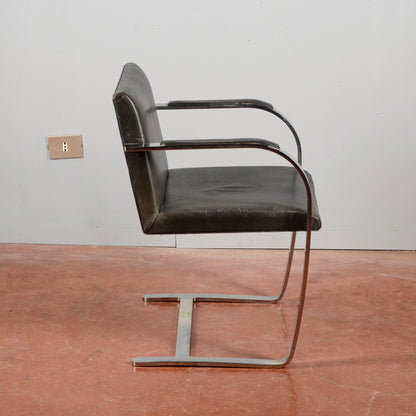 Sedia Mies Van Der Rohe Flat Bar Brno Degli Anni '60 In Acciaio Inox Lucido Con Pelle