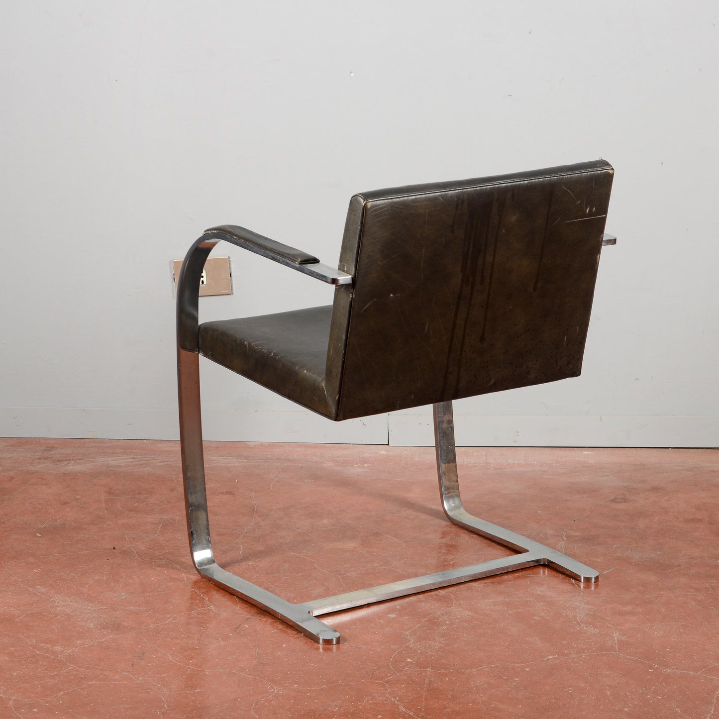 Sedia Mies Van Der Rohe Flat Bar Brno Degli Anni '60 In Acciaio Inox Lucido Con Pelle