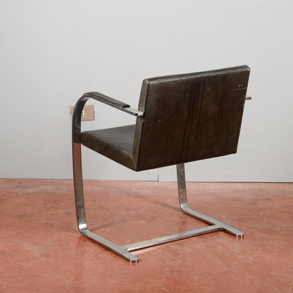 Sedia Mies Van Der Rohe Flat Bar Brno Degli Anni '60 In Acciaio Inox Lucido Con Pelle