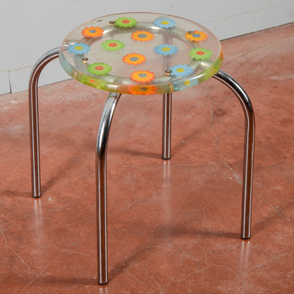 Sgabello Vintage Piano In Resina Con Fiori Dude