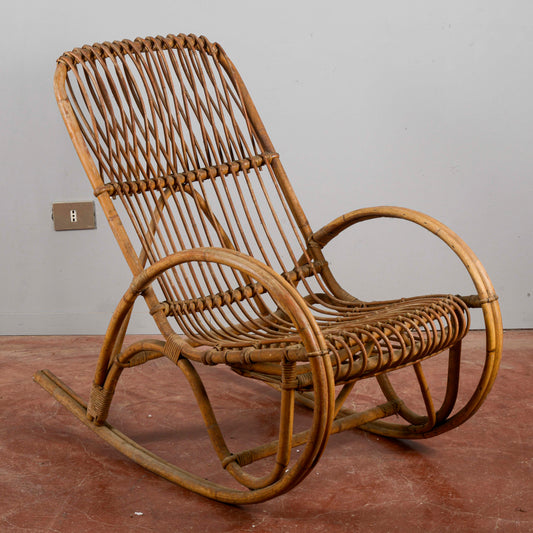 Sedia A Dondolo In Bambu E Rattan Anni 60