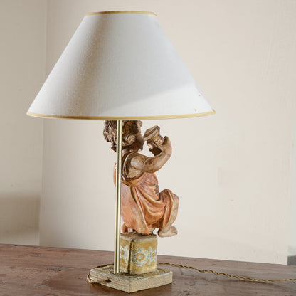 Lampada Putto Angelo In Legno Con Il Corno