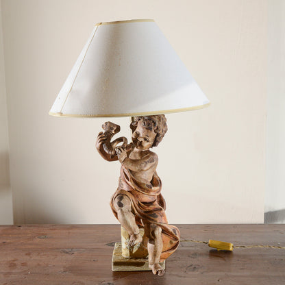 Lampada Putto Angelo In Legno Con Il Corno