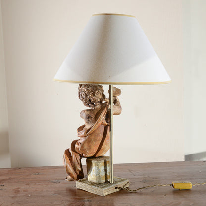 Lampada Putto Angelo In Legno Con Il Corno