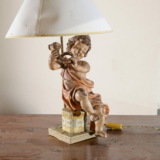 Lampada Putto Angelo In Legno Con Il Corno