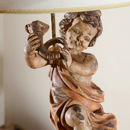 Lampada Putto Angelo In Legno Con Il Corno