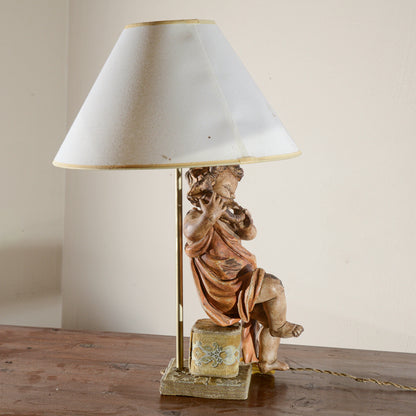Lampada Putto Angelo In Legno Con Il Corno