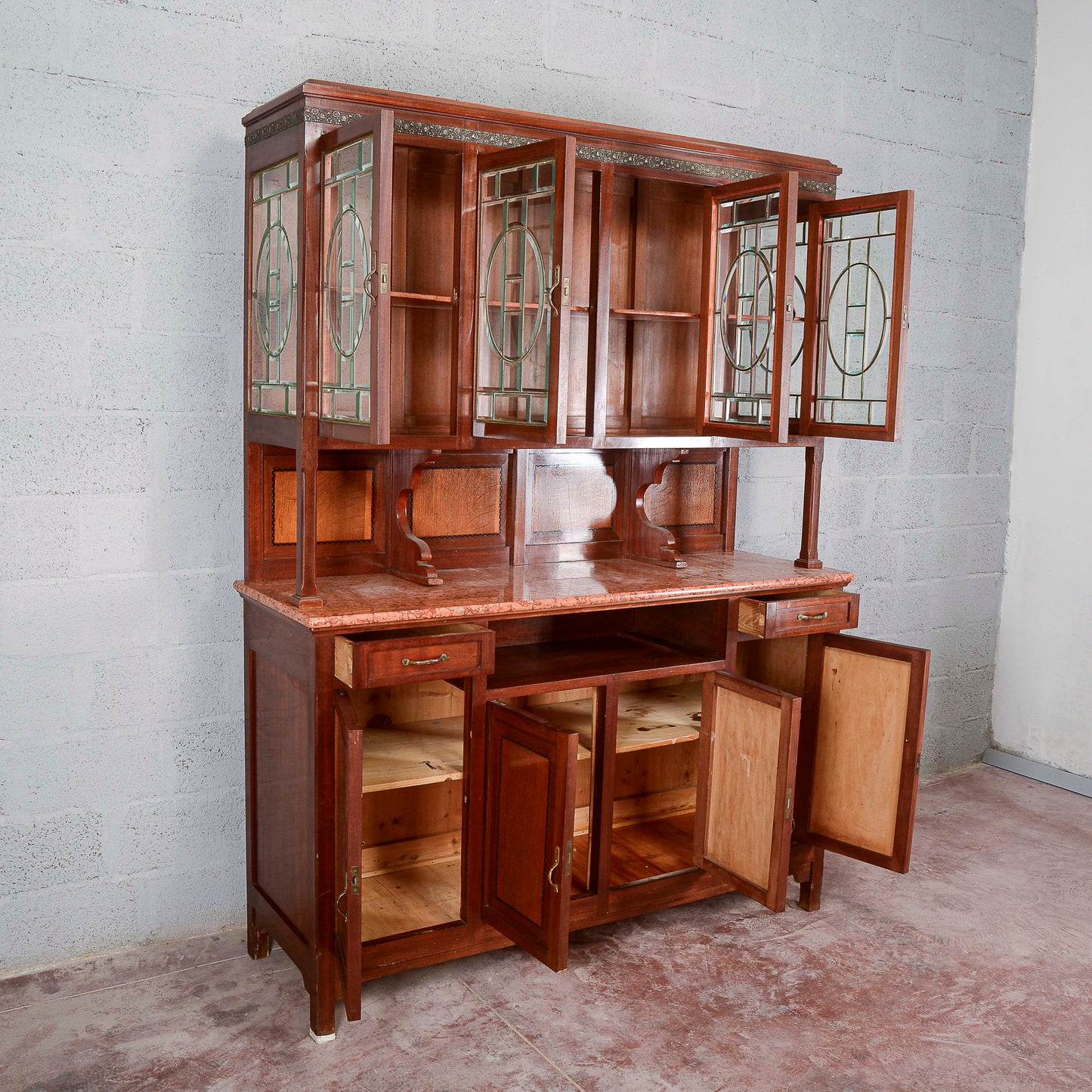 Credenza a due corpi vetrina e piano in marmo