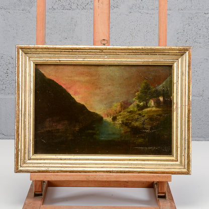 Quadro dipinto miniatura scena tramonto di Franciosi Umberto inizio del 1900