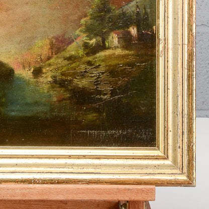 Quadro dipinto miniatura scena tramonto di Franciosi Umberto inizio del 1900