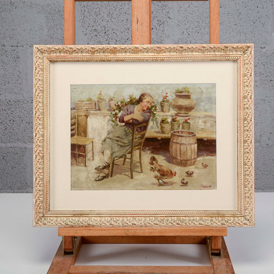 Quadro donna in campagna galline Italia XX secolo