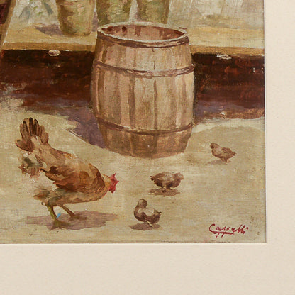 Quadro donna in campagna galline Italia XX secolo