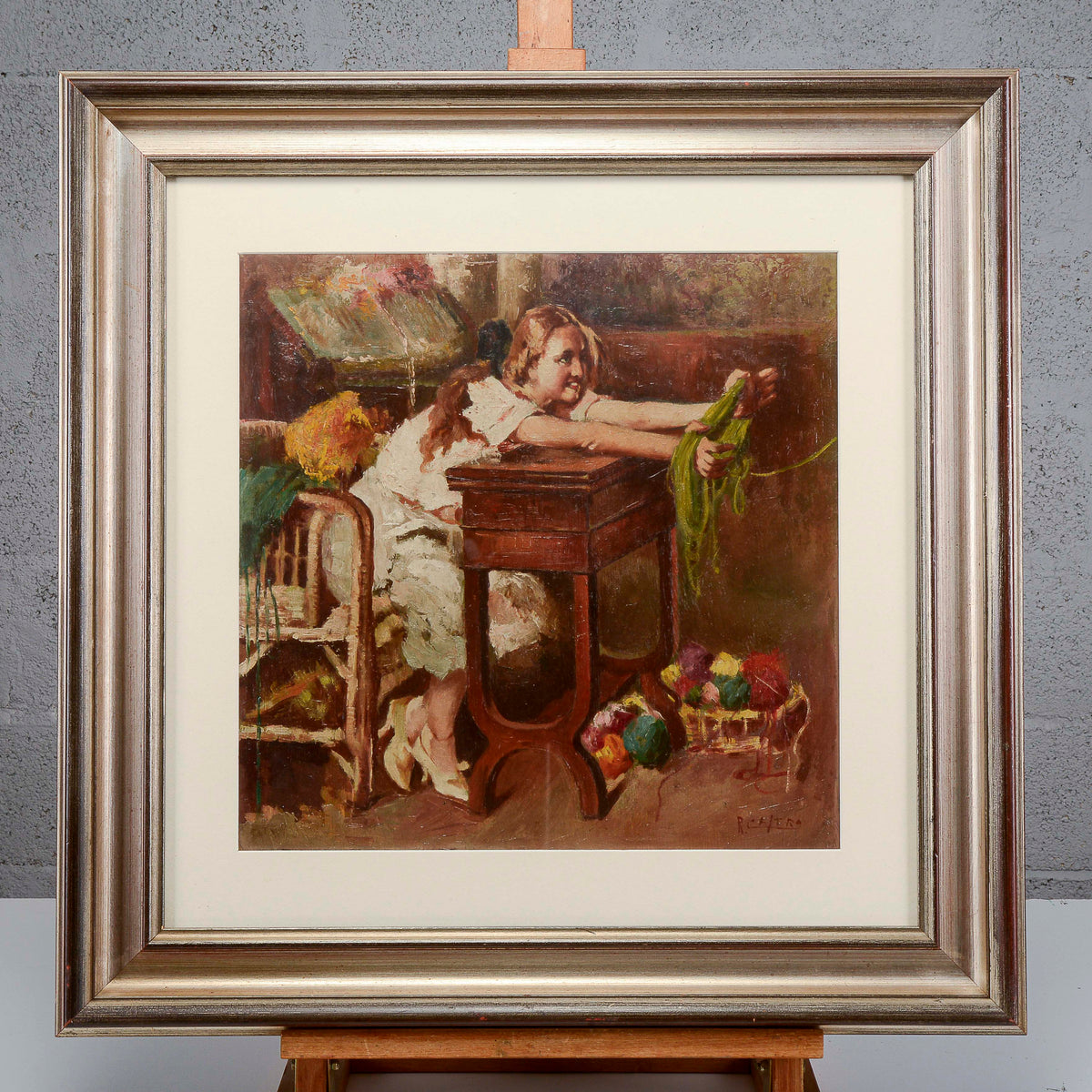 Dipinto quadro fanciulla che fila XX secolo