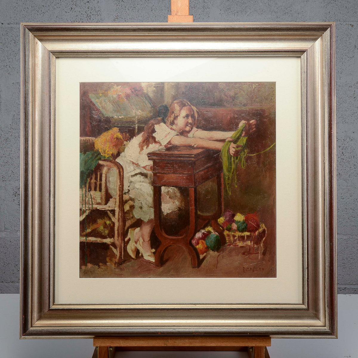 Dipinto quadro fanciulla che fila XX secolo