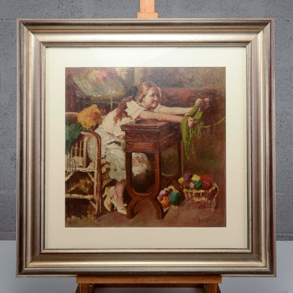 Dipinto quadro fanciulla che fila XX secolo