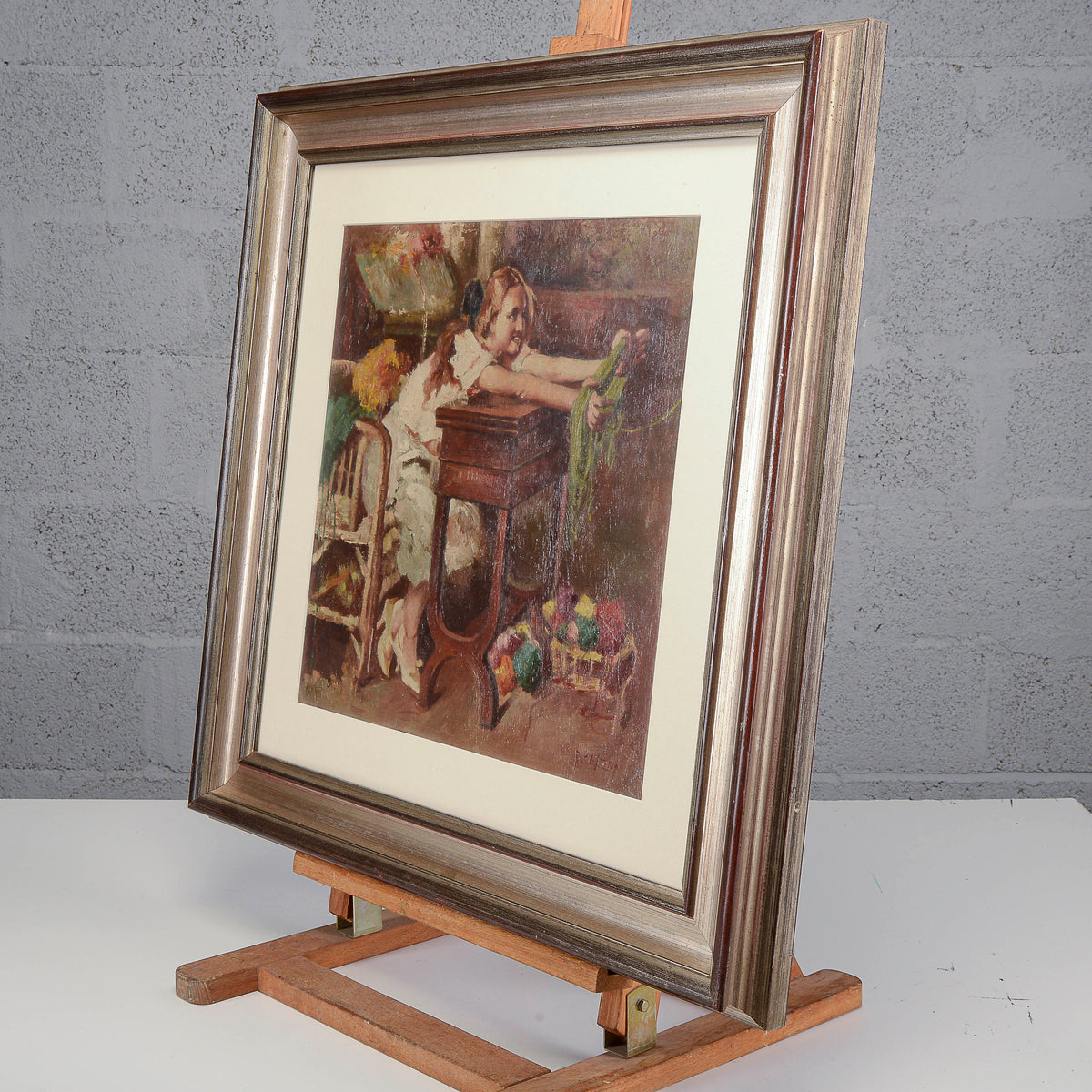 Dipinto quadro fanciulla che fila XX secolo