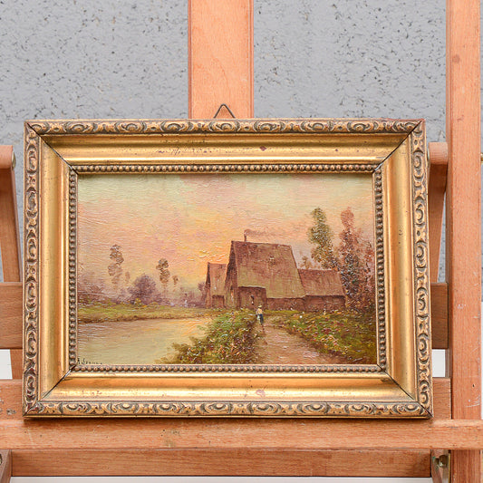 Quadro scena campestre al tramonto dipinto prima metà del XX secolo