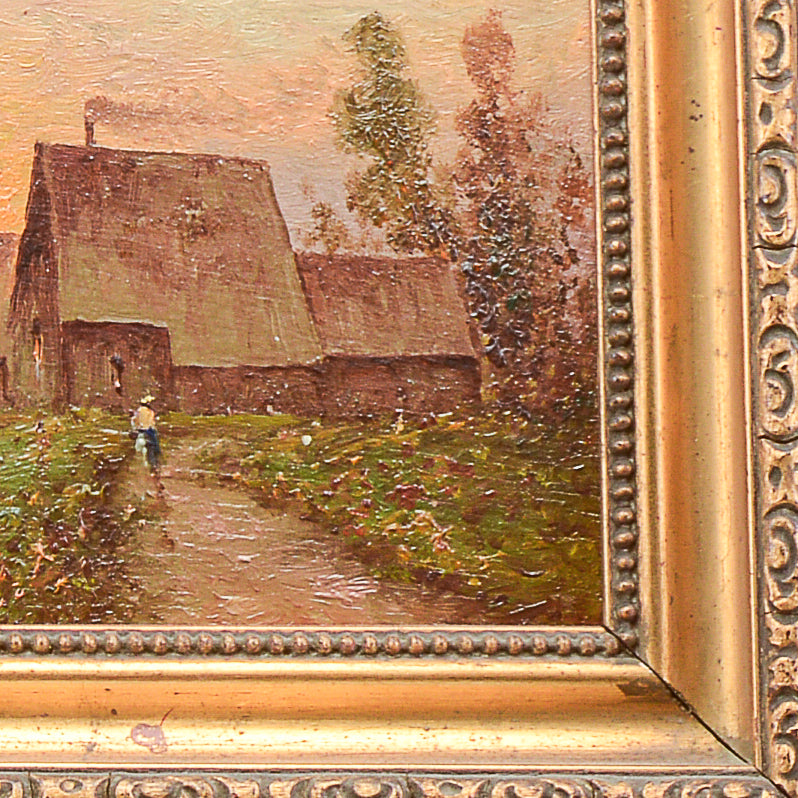 Quadro scena campestre al tramonto dipinto prima metà del XX secolo