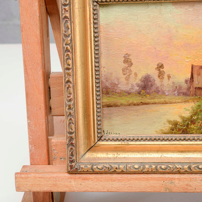 Quadro scena campestre al tramonto dipinto prima metà del XX secolo