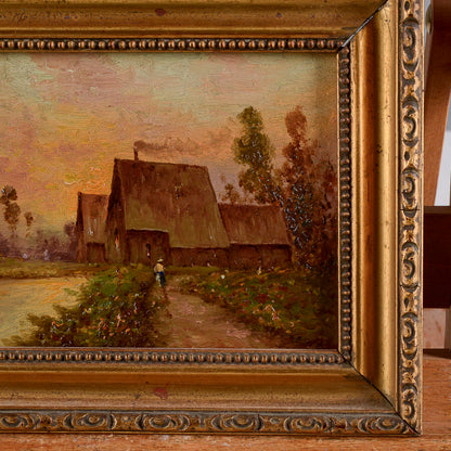 Quadro scena campestre al tramonto dipinto prima metà del XX secolo