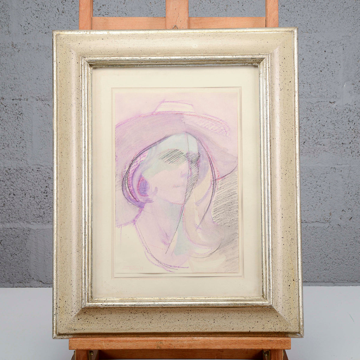Quadro volto donna con cappello firmato S Marini 1979