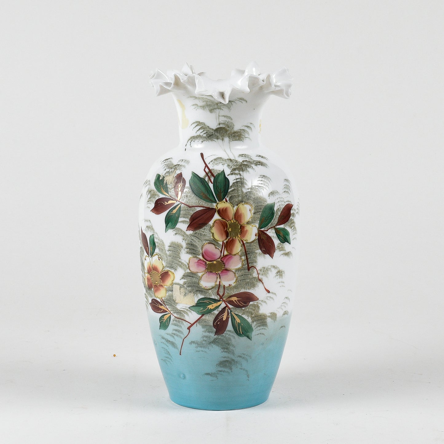 vaso in vetro opalino con decori floreali bianco e azzurro