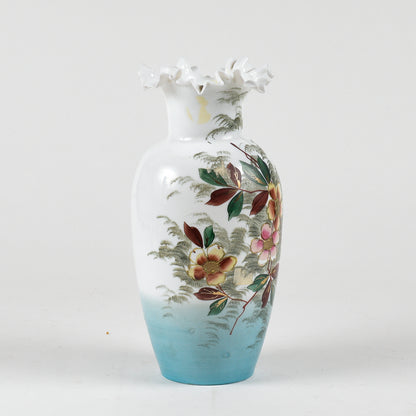 vaso in vetro opalino con decori floreali bianco e azzurro