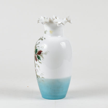 vaso in vetro opalino con decori floreali bianco e azzurro