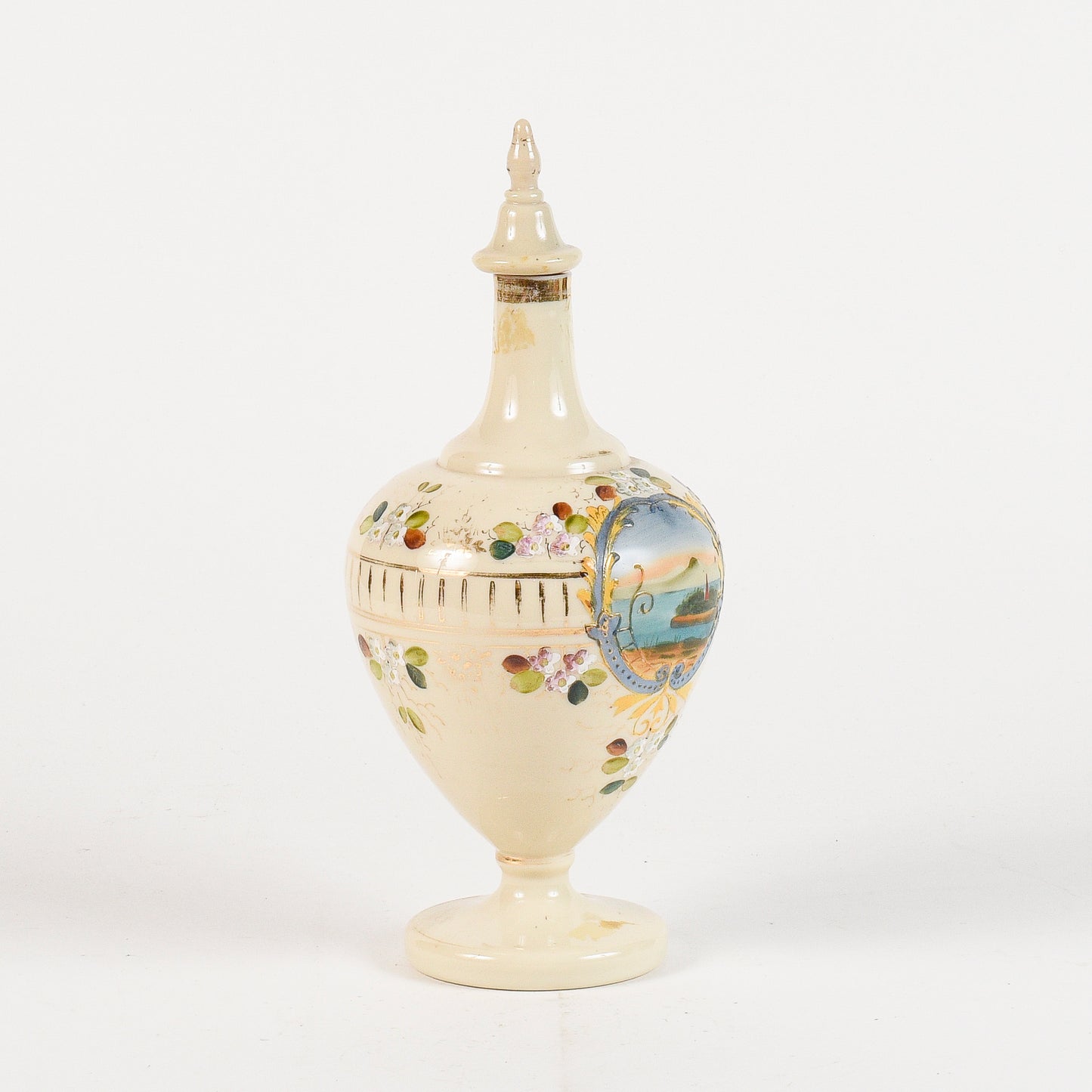 Vaso in vetro opalina con coperchio scena marittima Francia art Nouveaux