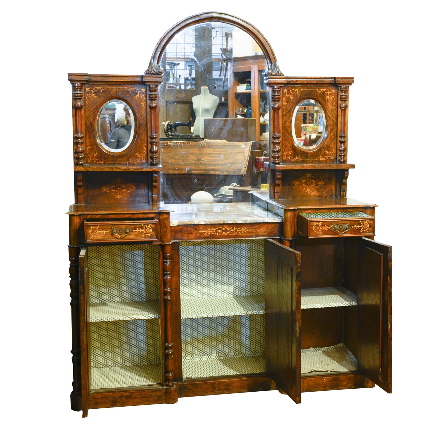 Credenza servante in noce intarsiata con specchiera Francia epoca 1850
