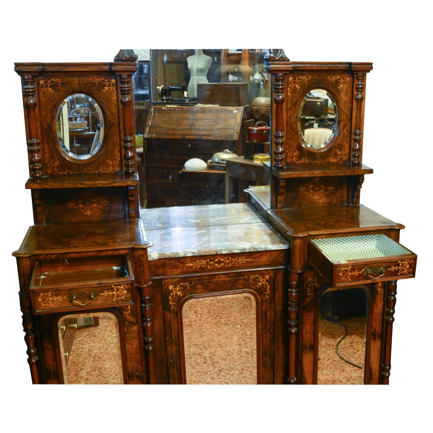 Credenza servante in noce intarsiata con specchiera Francia epoca 1850