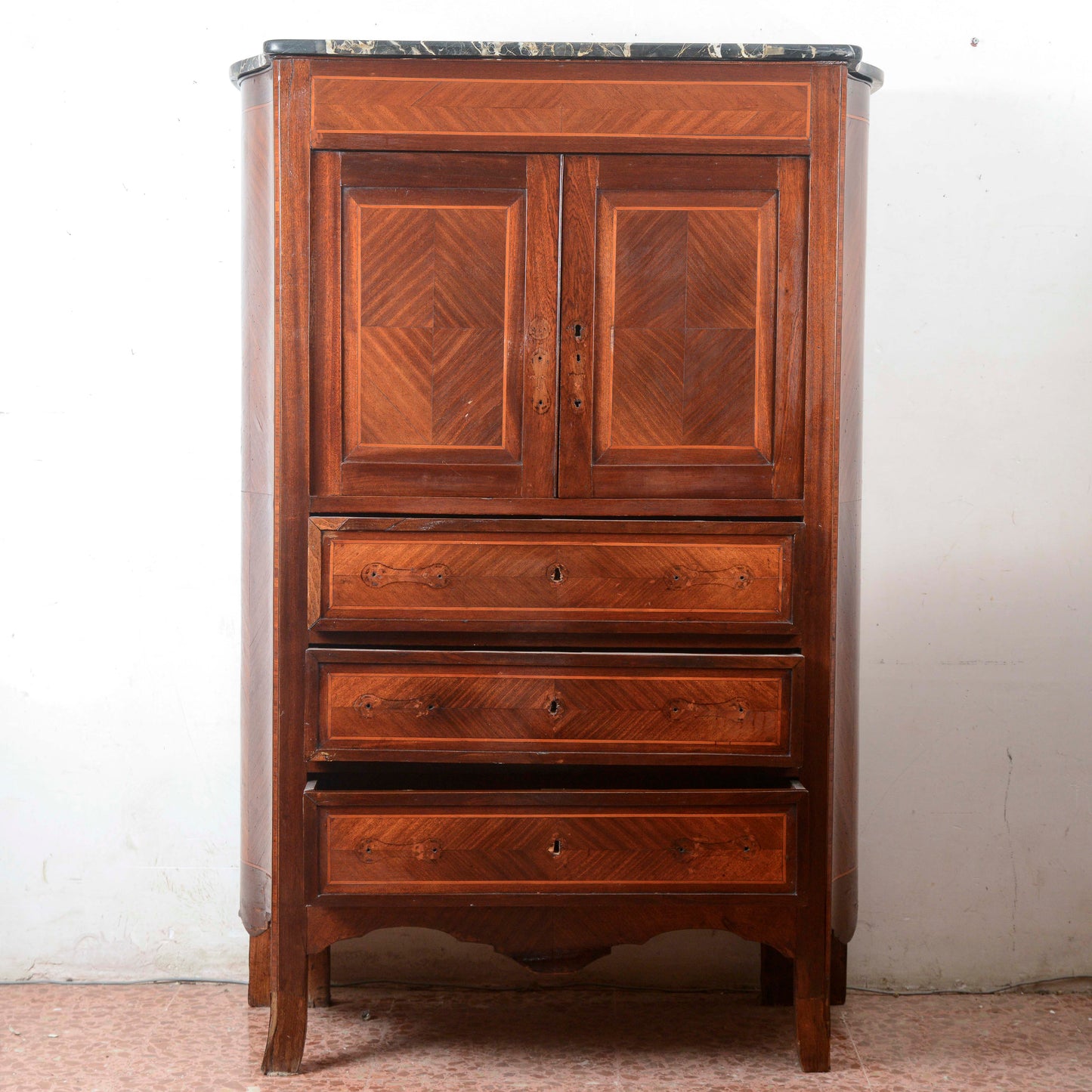 Secretaire intarsiato  con piano in marmo Italia epoca 1890