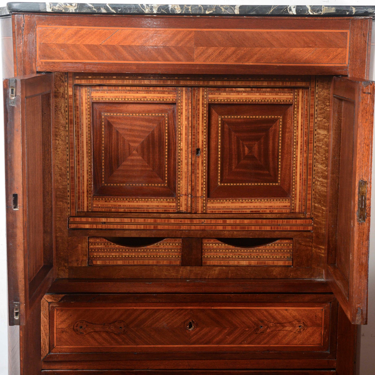 Secretaire intarsiato  con piano in marmo Italia epoca 1890
